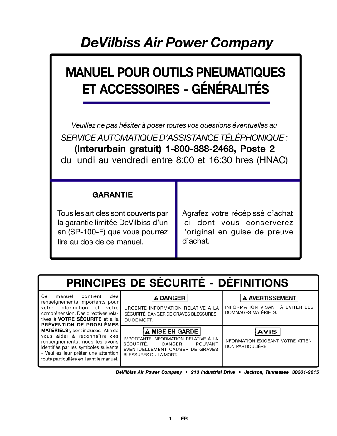 DeVillbiss Air Power Company MGAT-1 warranty Manuel Pour Outils Pneumatiques ET Accessoires Généralités, Garantie 