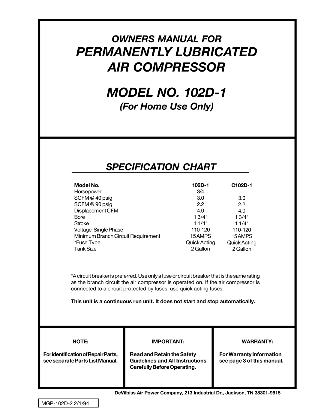 DeVillbiss Air Power Company MGP-102D-2, C102D-1 owner manual Specification Chart, Warranty 