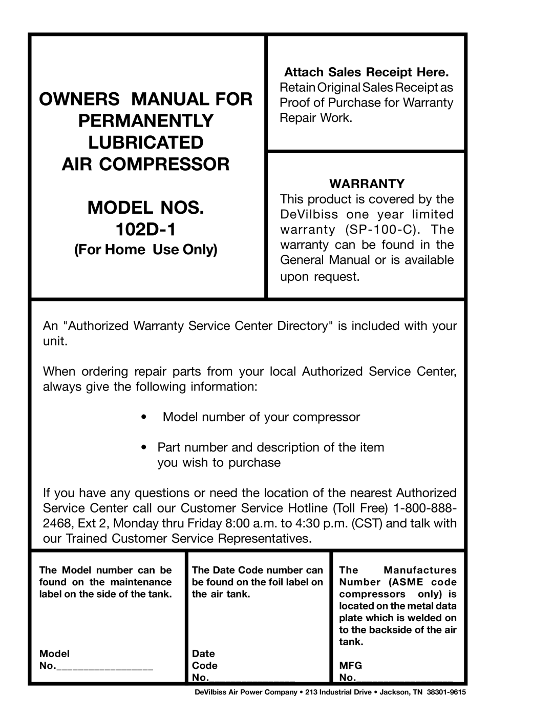 DeVillbiss Air Power Company MGP-102D-2, C102D-1 owner manual AIR Compressor 