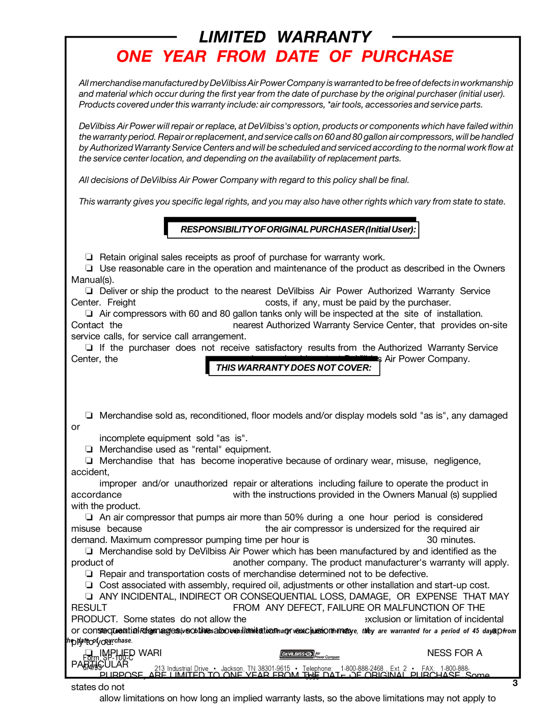 DeVillbiss Air Power Company MGP-102D-2, C102D-1 owner manual Limited Warranty, ONE Year from Date of Purchase 