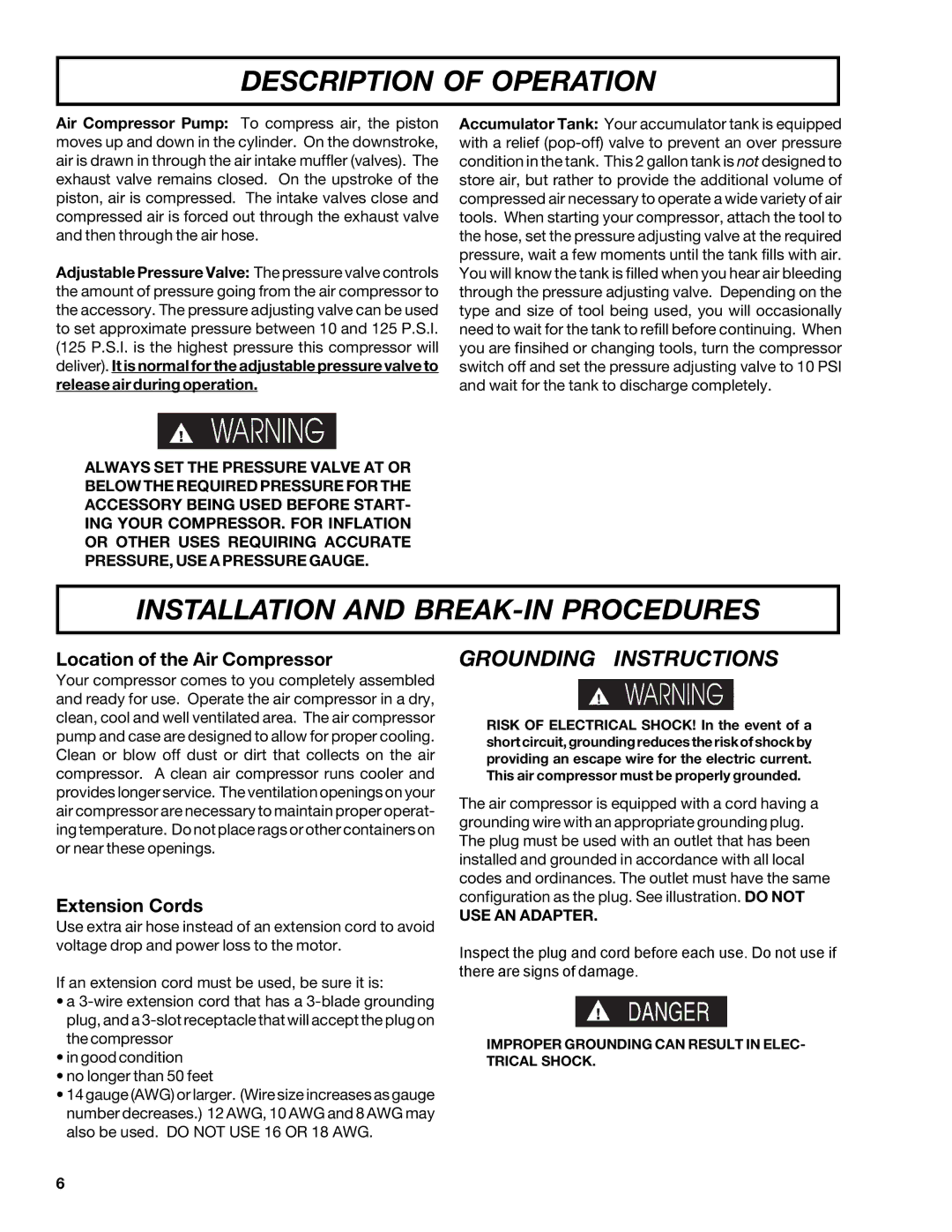 DeVillbiss Air Power Company MGP-102D-2 Description of Operation, Installation and BREAK-IN Procedures, USE AN Adapter 