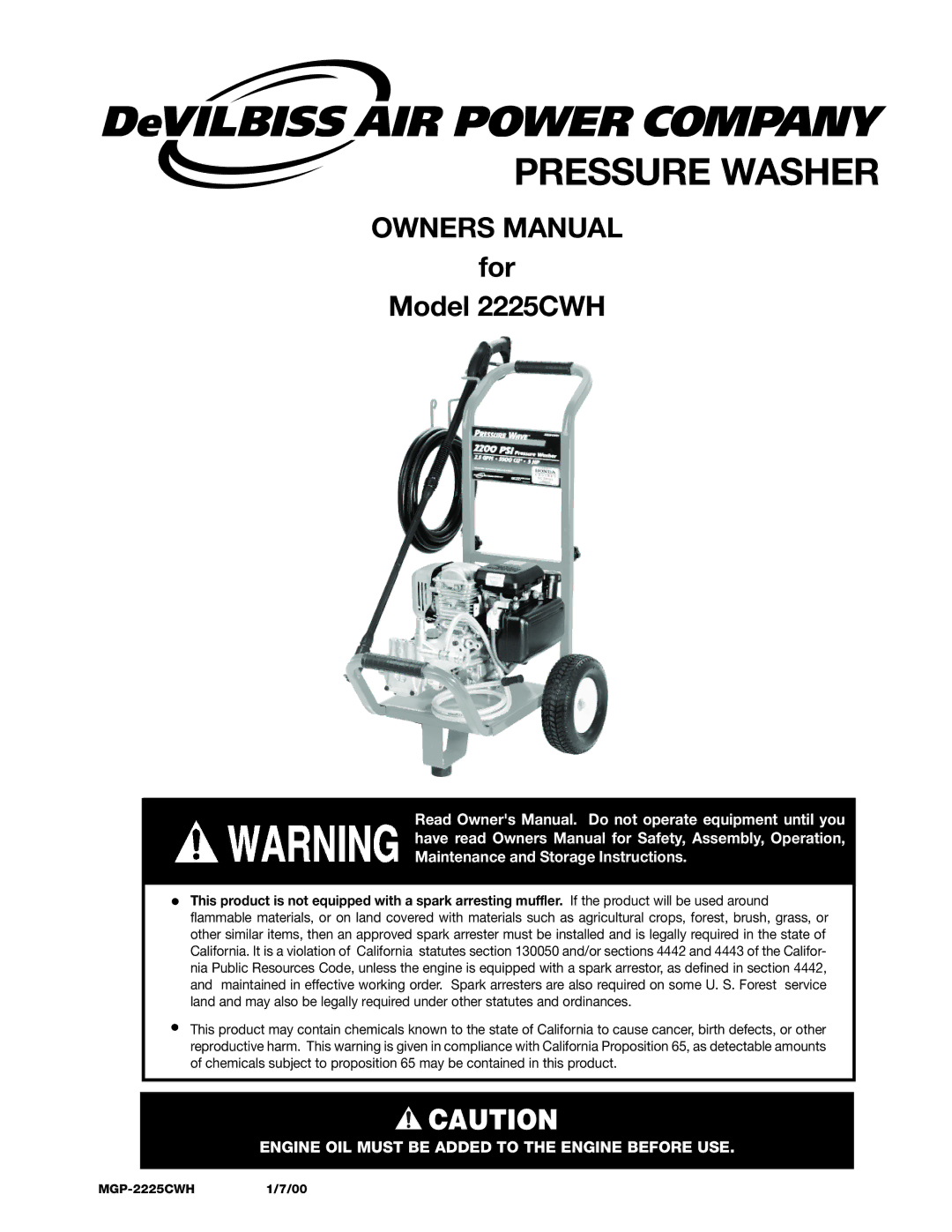 DeVillbiss Air Power Company MGP-2225CWH owner manual Pressure Washer 