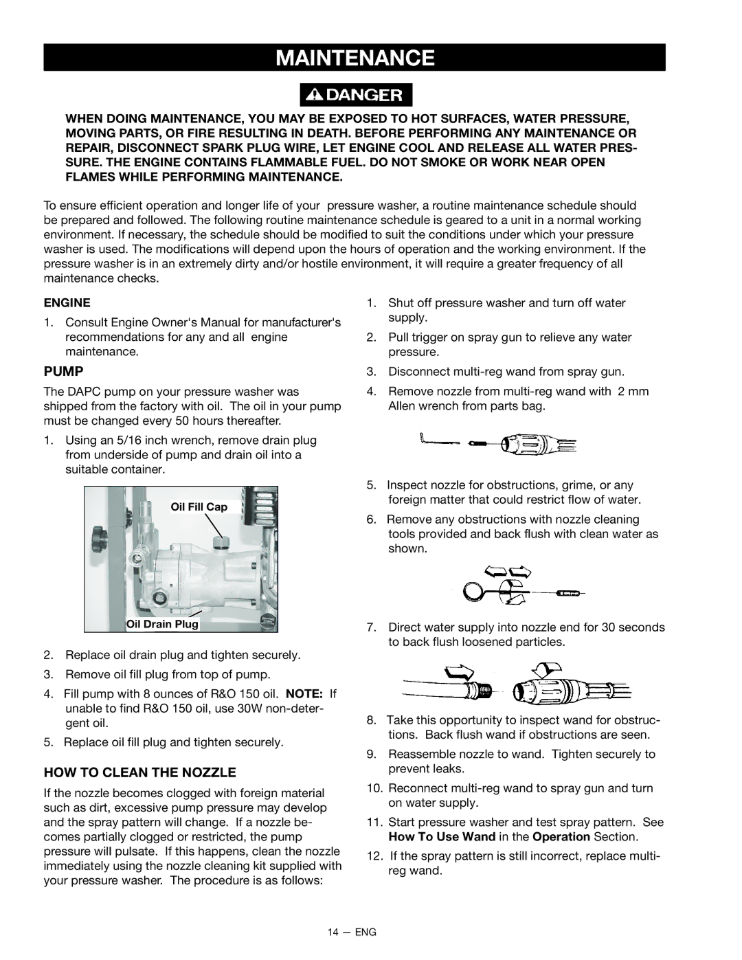 DeVillbiss Air Power Company MGP-2225CWH owner manual Maintenance, Pump, HOW to Clean the Nozzle 