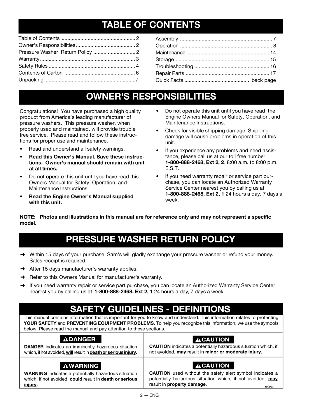 DeVillbiss Air Power Company MGP-2225CWH Table of Contents, Owners Responsibilities, Pressure Washer Return Policy 