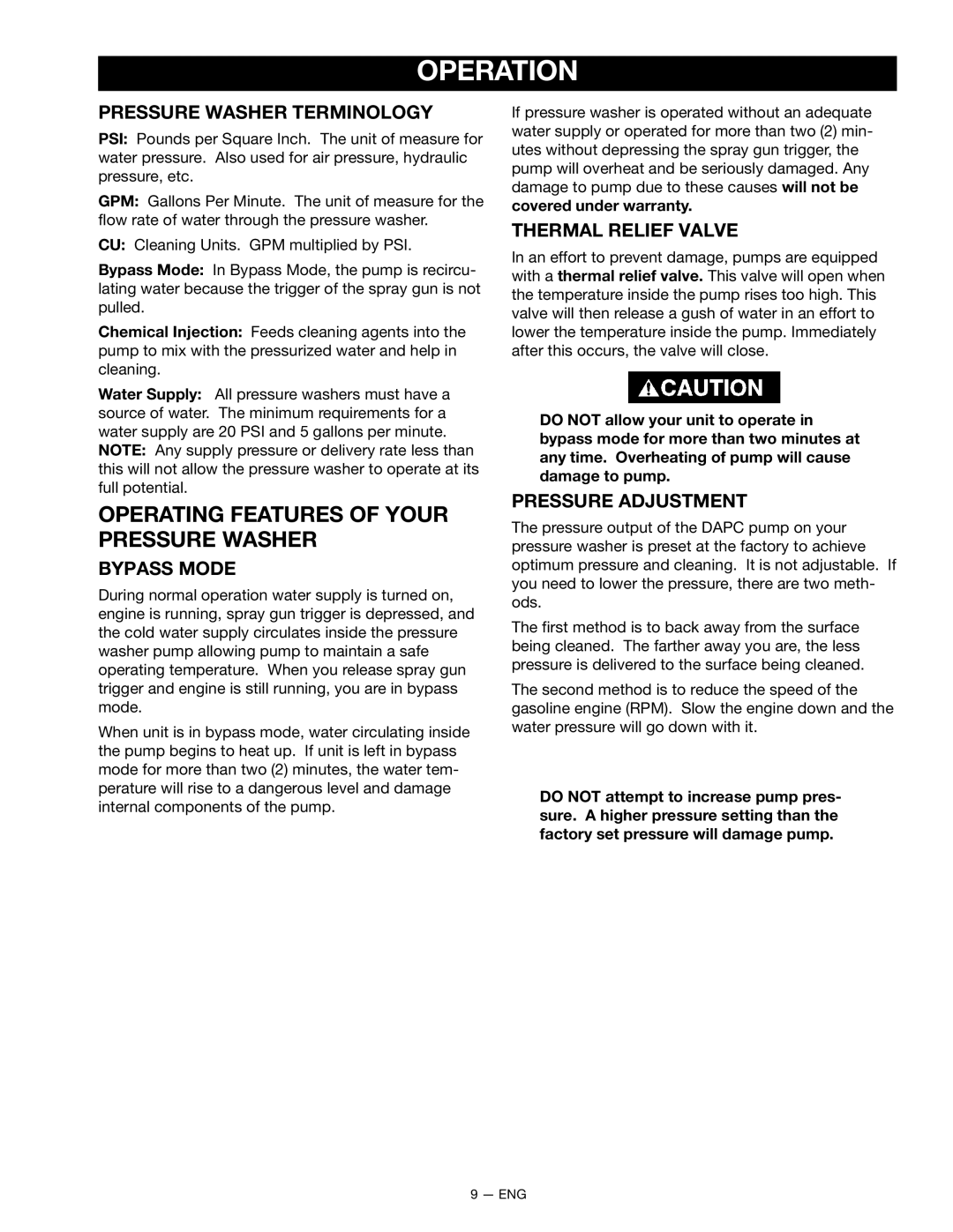 DeVillbiss Air Power Company 2225CWH owner manual Operation, Pressure Washer Terminology, Bypass Mode, Thermal Relief Valve 