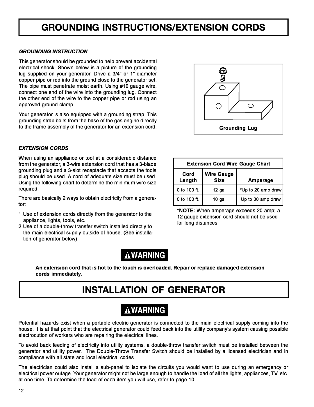 DeVillbiss Air Power Company MGP-4600 Grounding Instructions/Extension Cords, Installation Of Generator, Wire Gauge 
