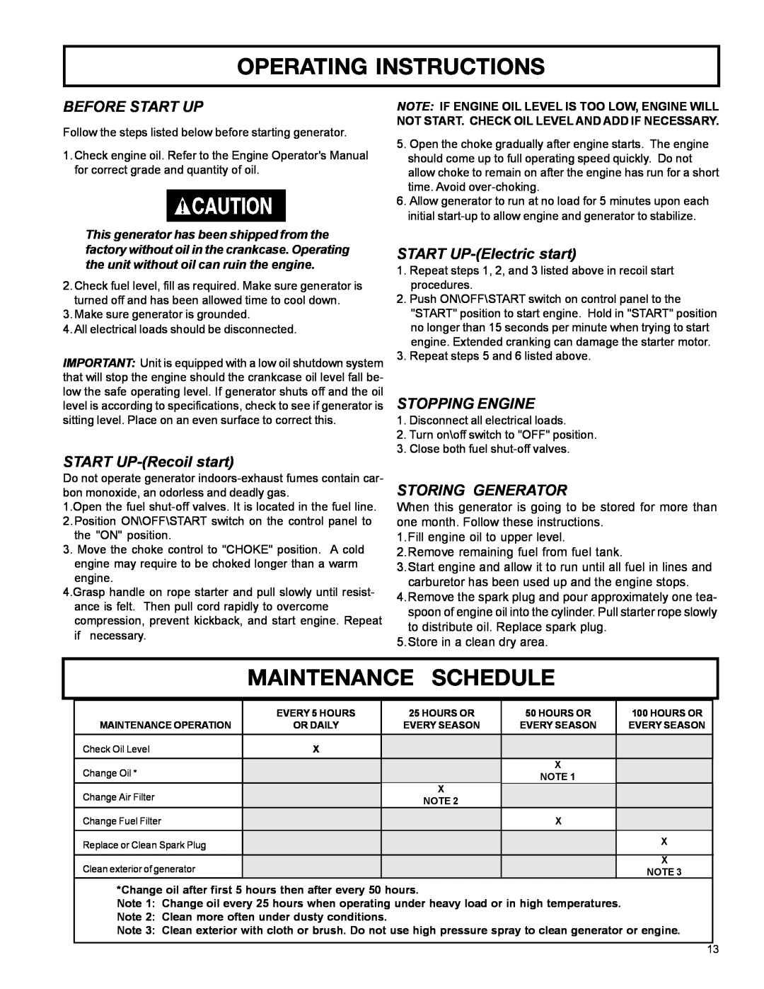 DeVillbiss Air Power Company MGP-4600 Operating Instructions, Maintenance Schedule, Before Start Up, START UP-Recoilstart 