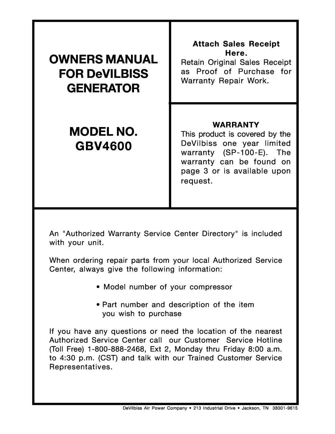 DeVillbiss Air Power Company MGP-4600 owner manual GBV4600, Attach Sales Receipt Here, Warranty 