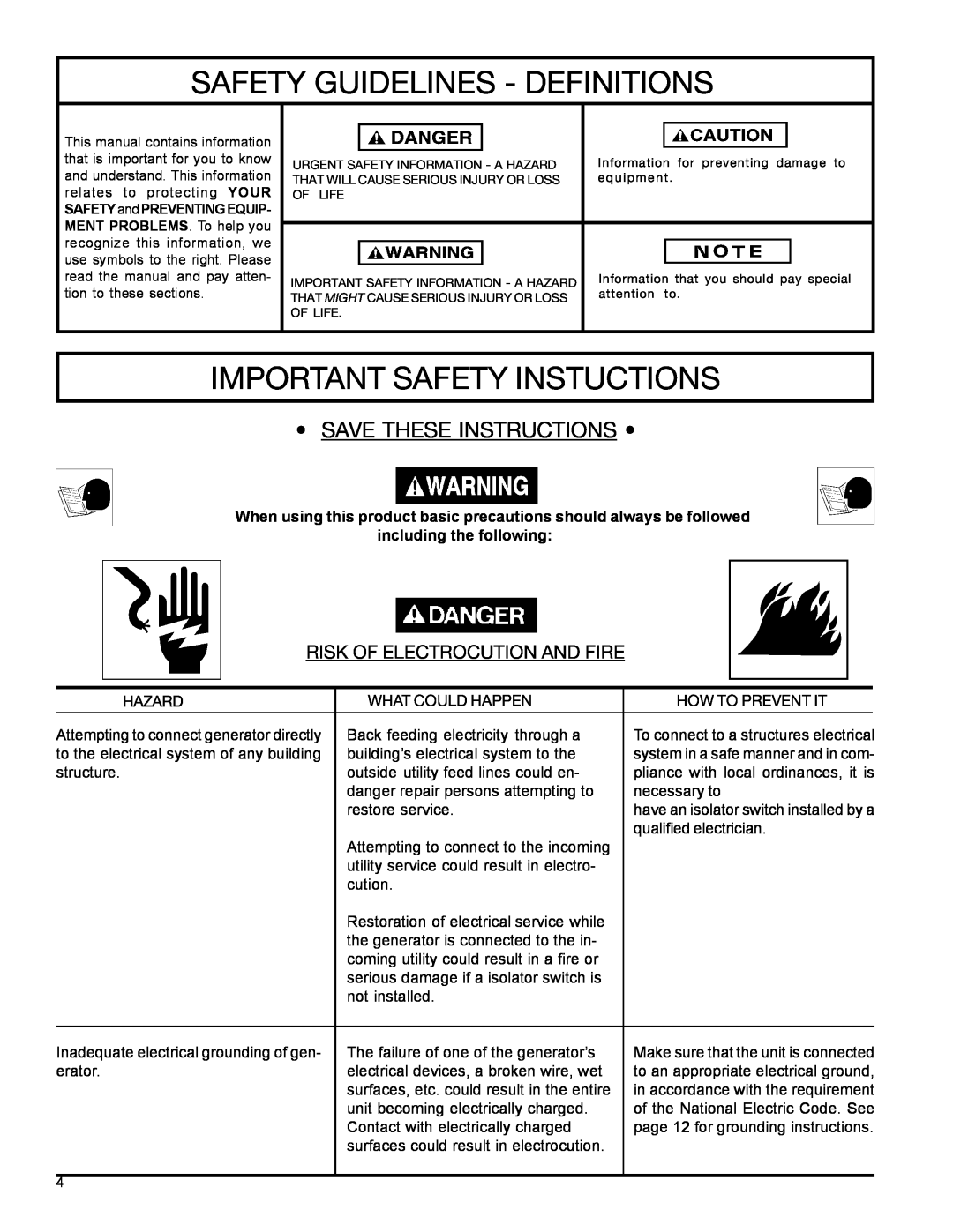 DeVillbiss Air Power Company MGP-4600 owner manual Safety Guidelines - Definitions, Important Safety Instuctions 