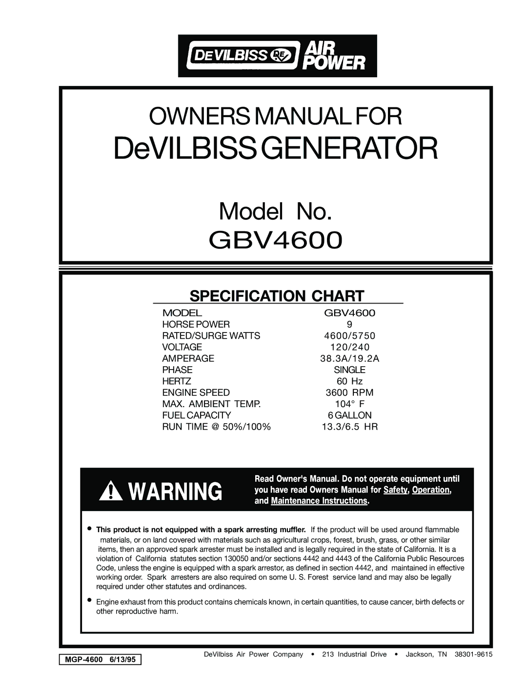 DeVillbiss Air Power Company MGP-4600 owner manual DeVILBISSGENERATOR, Specification Chart 