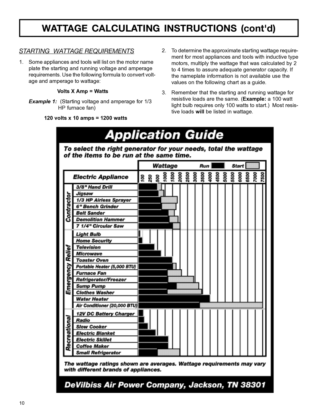 DeVillbiss Air Power Company MGP-4600 owner manual Wattage Calculating Instructions contd 