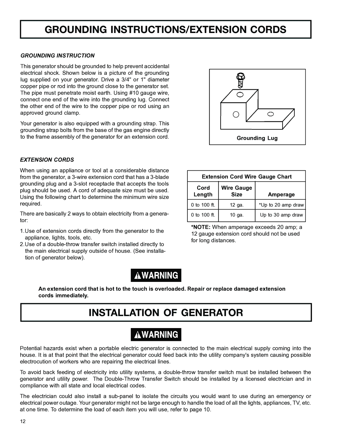 DeVillbiss Air Power Company MGP-4600 owner manual Grounding INSTRUCTIONS/EXTENSION Cords, Installation of Generator 