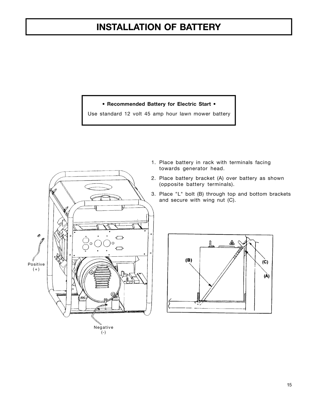 DeVillbiss Air Power Company MGP-4600 owner manual Installation of Battery, Recommended Battery for Electric Start 