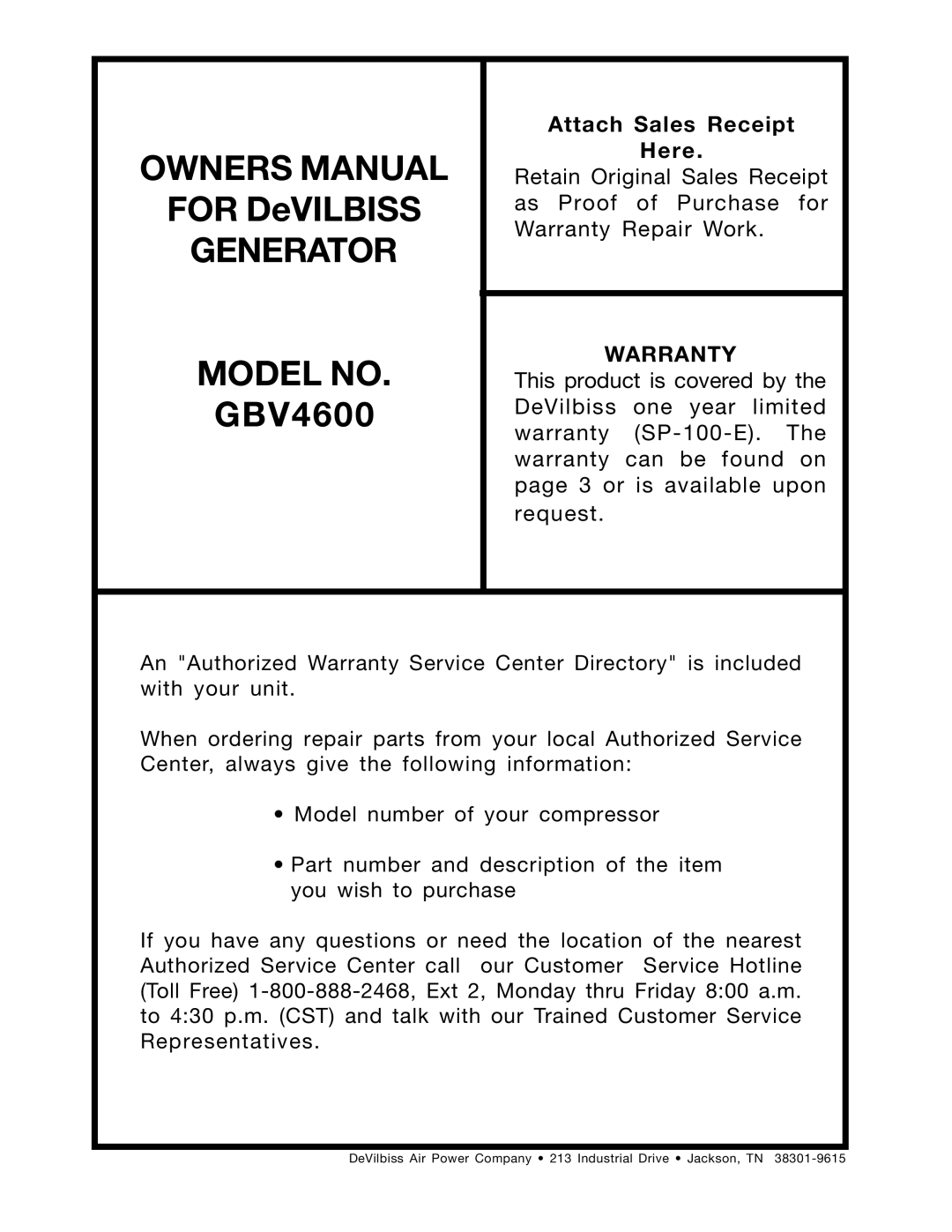 DeVillbiss Air Power Company MGP-4600 owner manual Generator Model no 