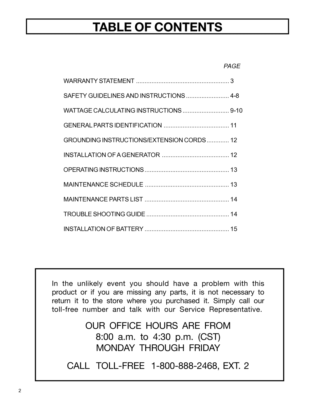 DeVillbiss Air Power Company MGP-4600 owner manual Table of Contents 