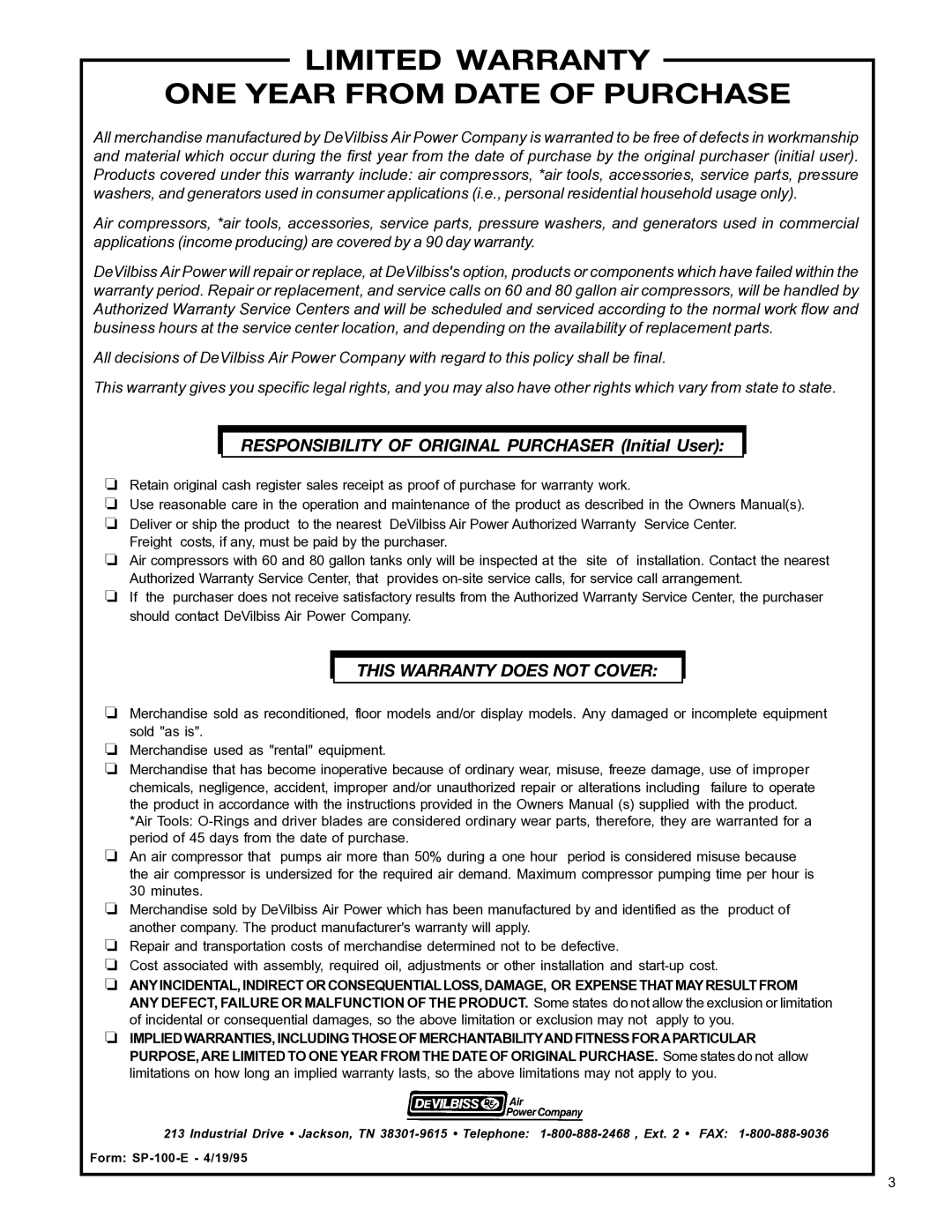 DeVillbiss Air Power Company MGP-4600 owner manual Limited Warranty ONE Year from Date of Purchase 