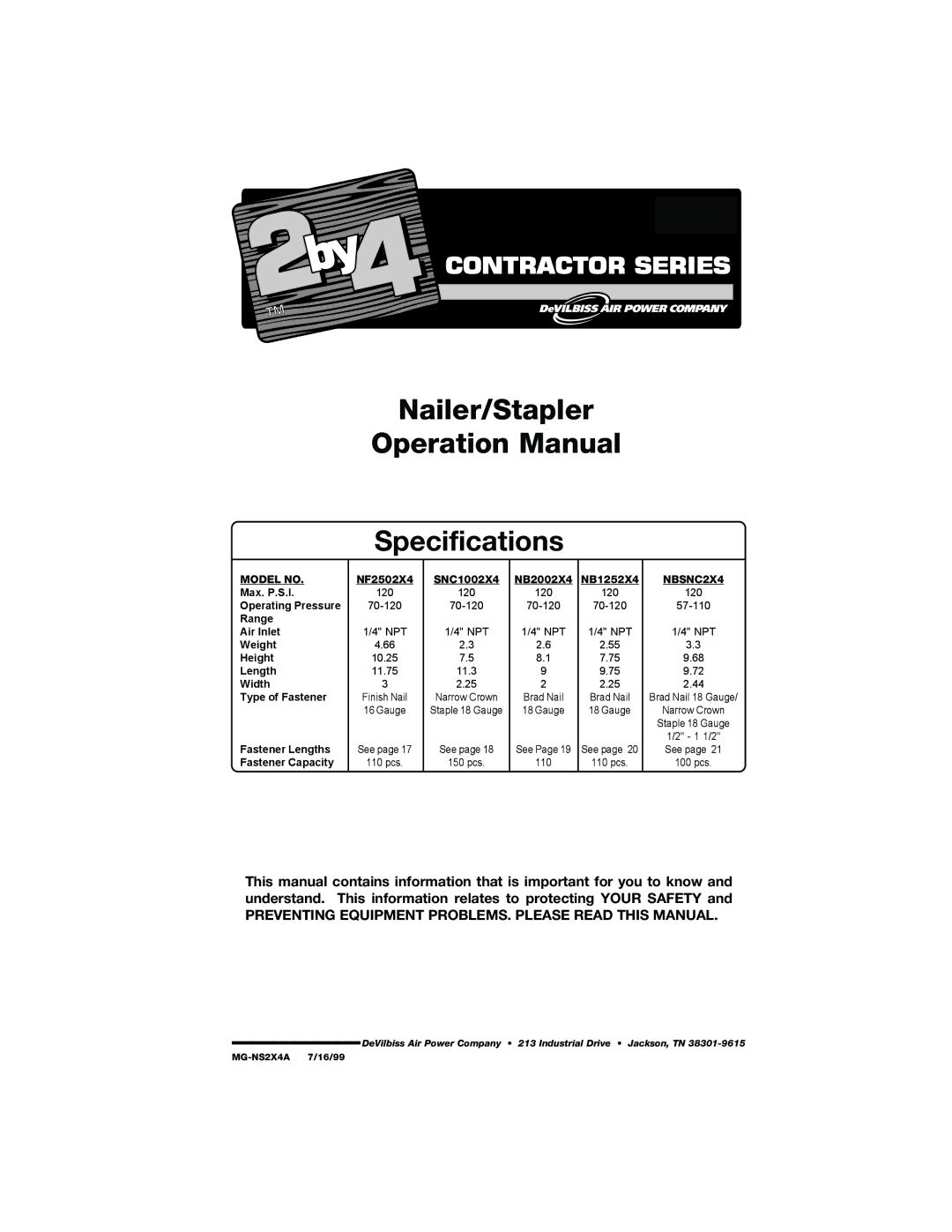 DeVillbiss Air Power Company NF2502X4, NBSNC2X4, SNC1002X4, Contractor Series specifications Nailer/Stapler Specifications 