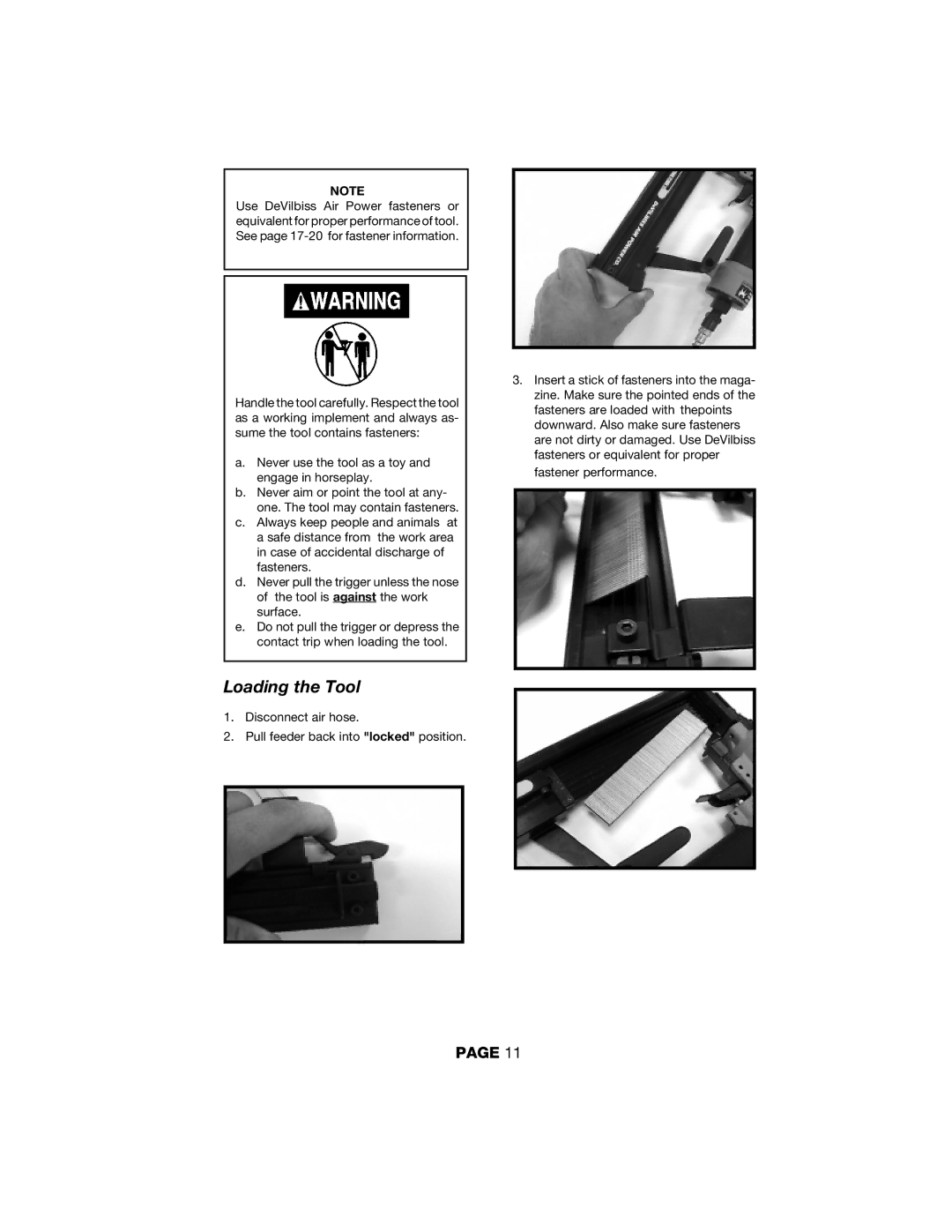 DeVillbiss Air Power Company NB2002X4, NBSNC2X4, NF2502X4, SNC1002X4, Contractor Series, NB1252X4, MG-NS2X4A Loading the Tool 