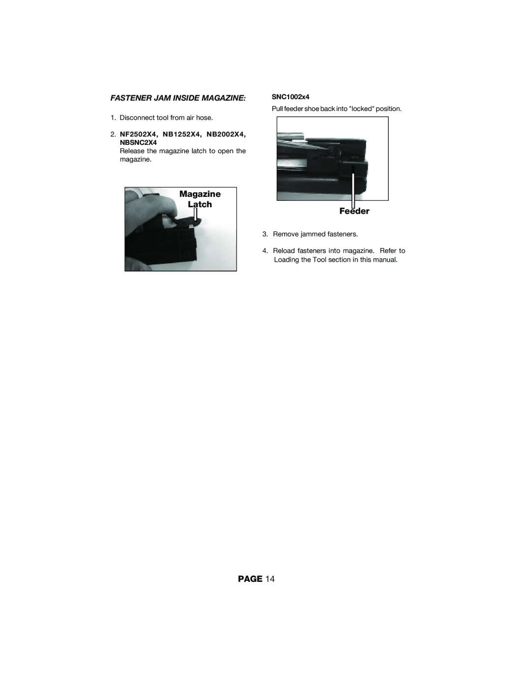 DeVillbiss Air Power Company NBSNC2X4, NF2502X4, SNC1002X4, Contractor Series, NB2002X4, NB1252X4 Fastener JAM Inside Magazine 