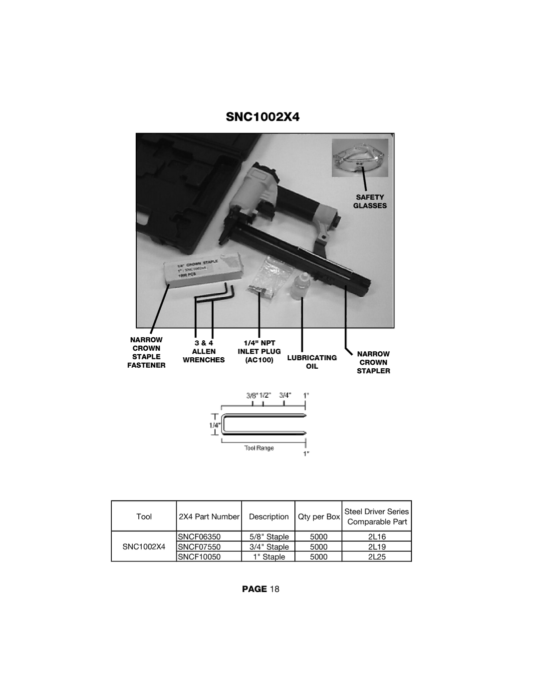 DeVillbiss Air Power Company NB2002X4, NBSNC2X4, NF2502X4 SNC1002X4, Safety Glasses Narrow, Crown, Fastener OIL Stapler 