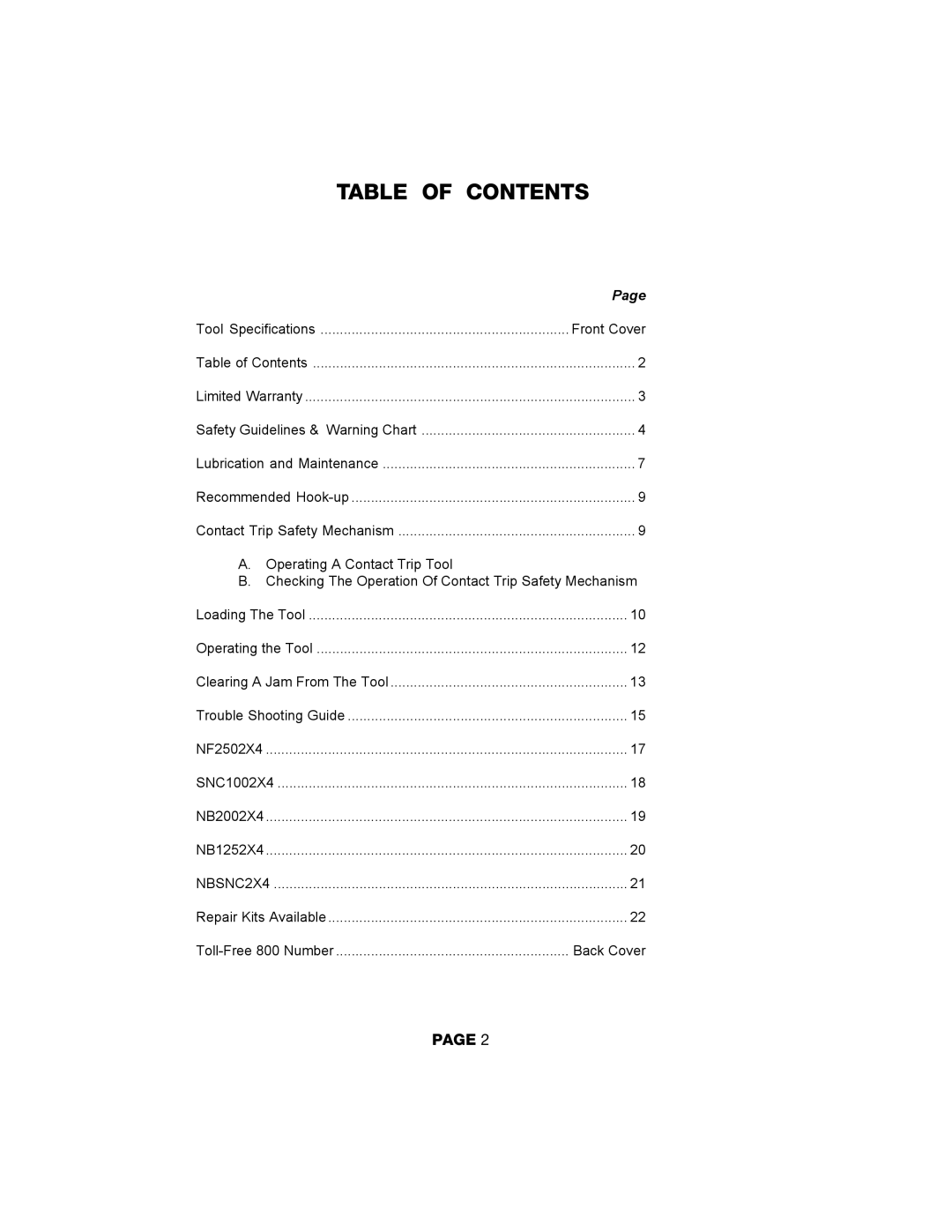 DeVillbiss Air Power Company SNC1002X4, NBSNC2X4, NF2502X4, Contractor Series, NB2002X4, NB1252X4, MG-NS2X4A Table of Contents 