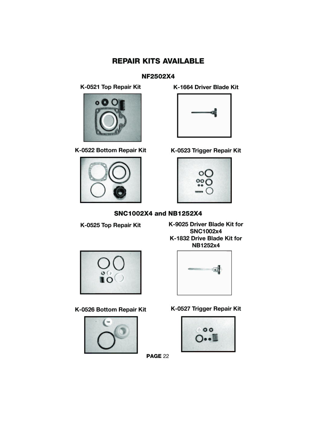 DeVillbiss Air Power Company NF2502X4, NBSNC2X4, Contractor Series, NB2002X4 Repair Kits Available, SNC1002X4 and NB1252X4 