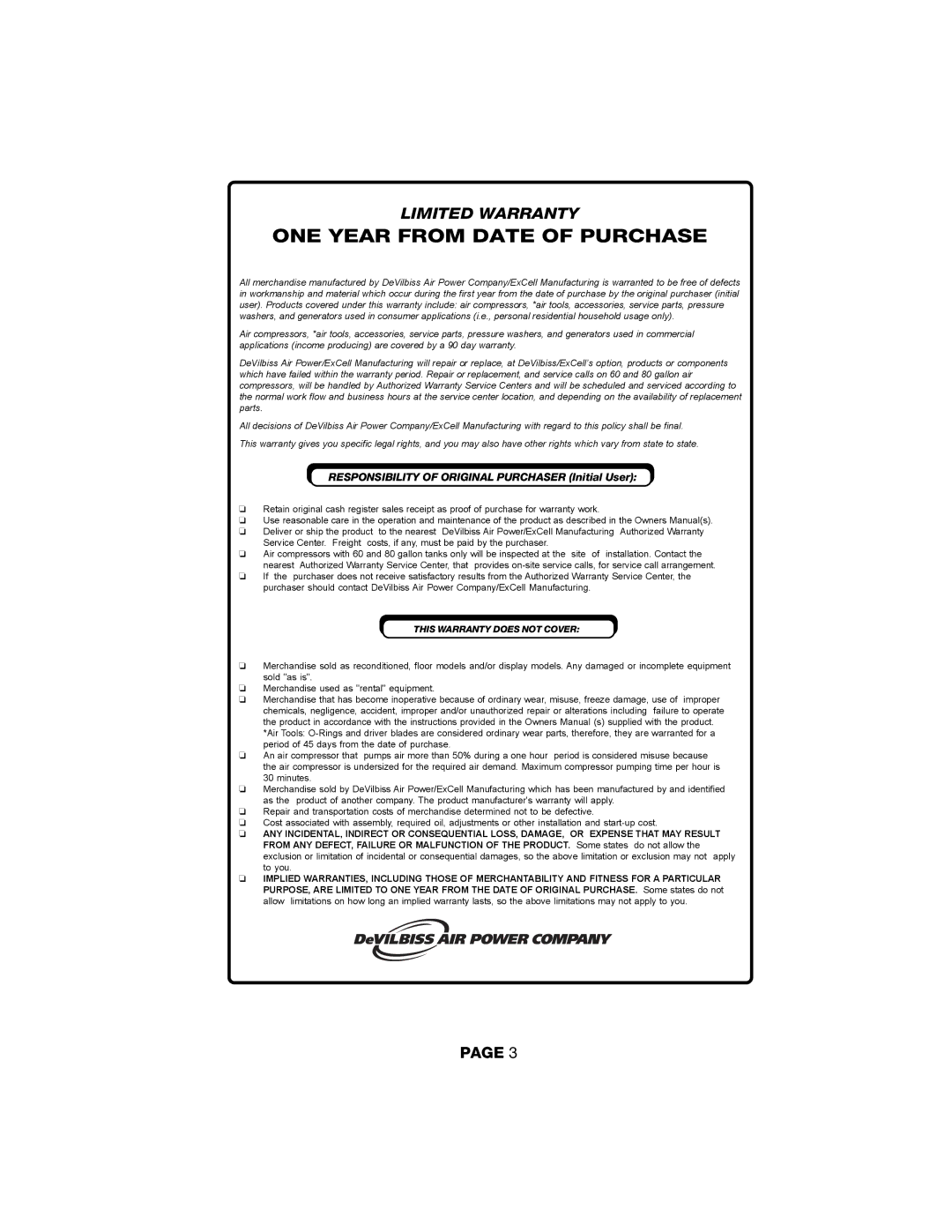 DeVillbiss Air Power Company Contractor Series, NBSNC2X4, NF2502X4, SNC1002X4, NB2002X4 ONE Year from Date of Purchase 