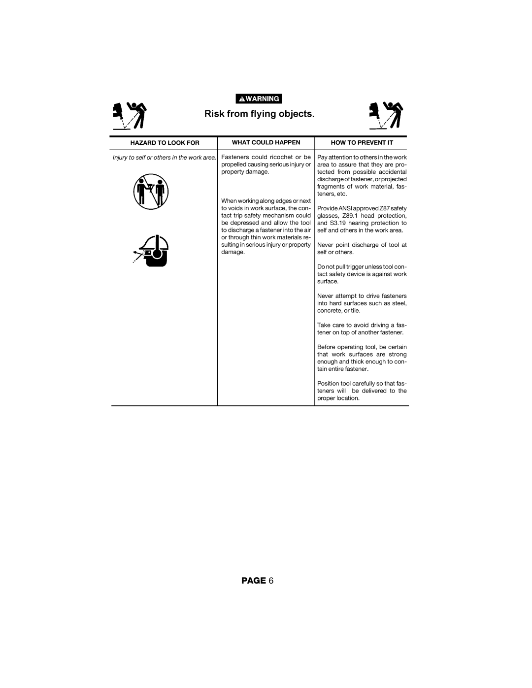 DeVillbiss Air Power Company MG-NS2X4A, NBSNC2X4, NF2502X4, SNC1002X4, Contractor Series, NB2002X4 Risk from flying objects 