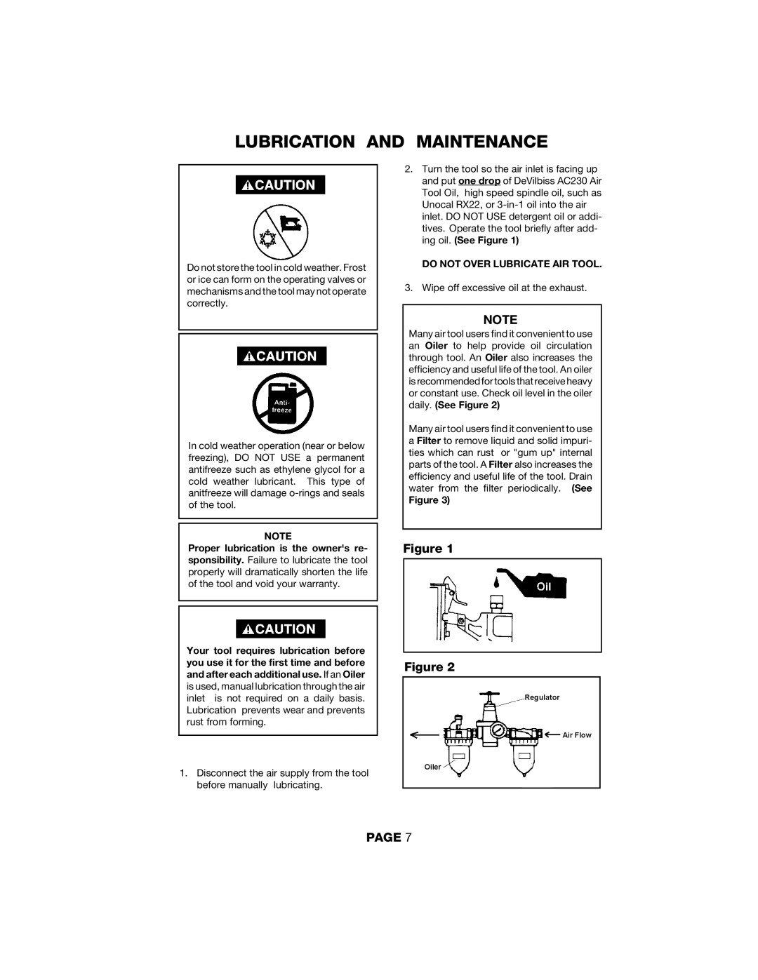 DeVillbiss Air Power Company NBSNC2X4, NF2502X4, SNC1002X4 Lubrication and Maintenance, Do not Over Lubricate AIR Tool 