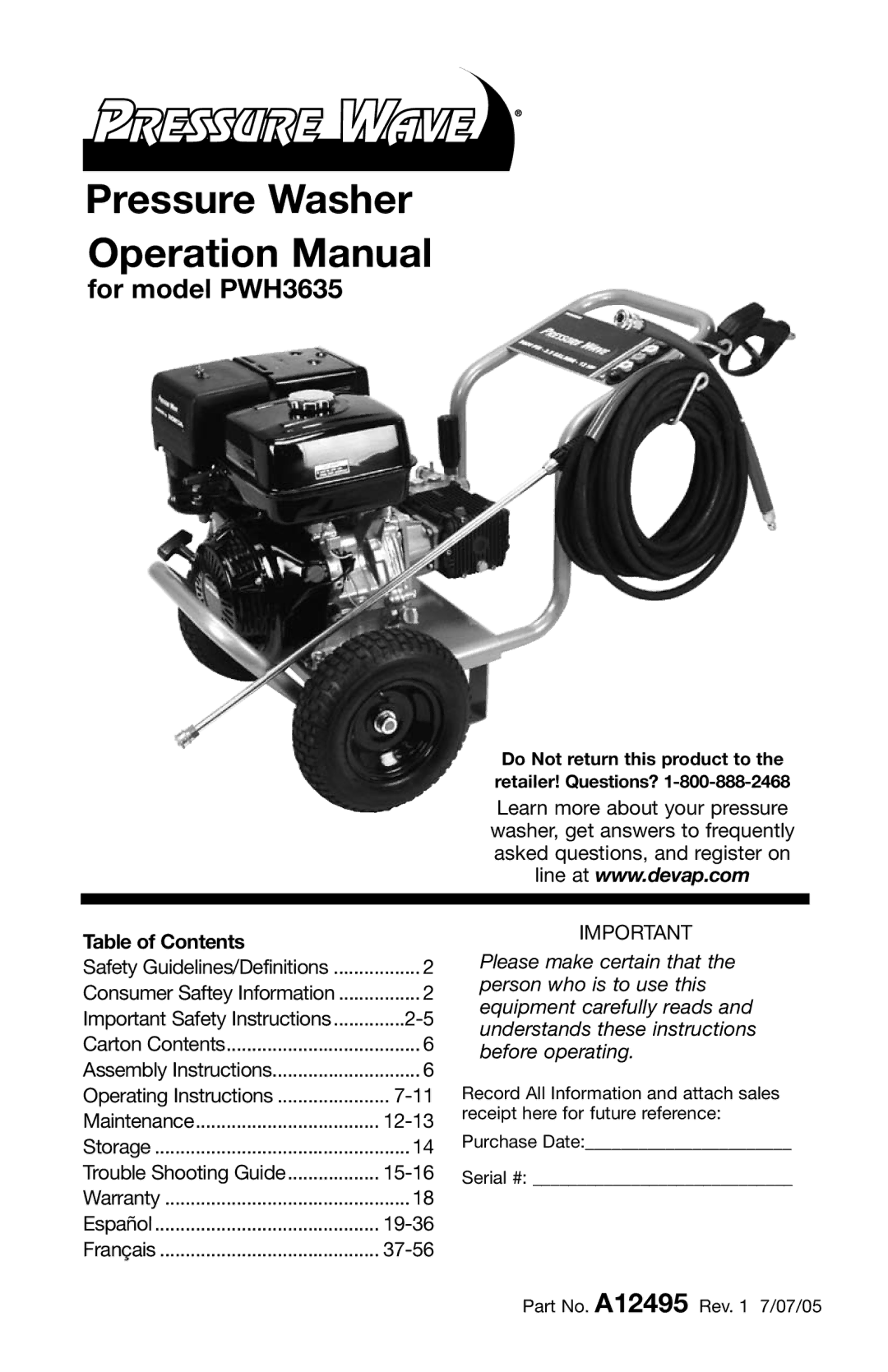 DeVillbiss Air Power Company A12495, PWH3635 operation manual Pressure Washer, Table of Contents 