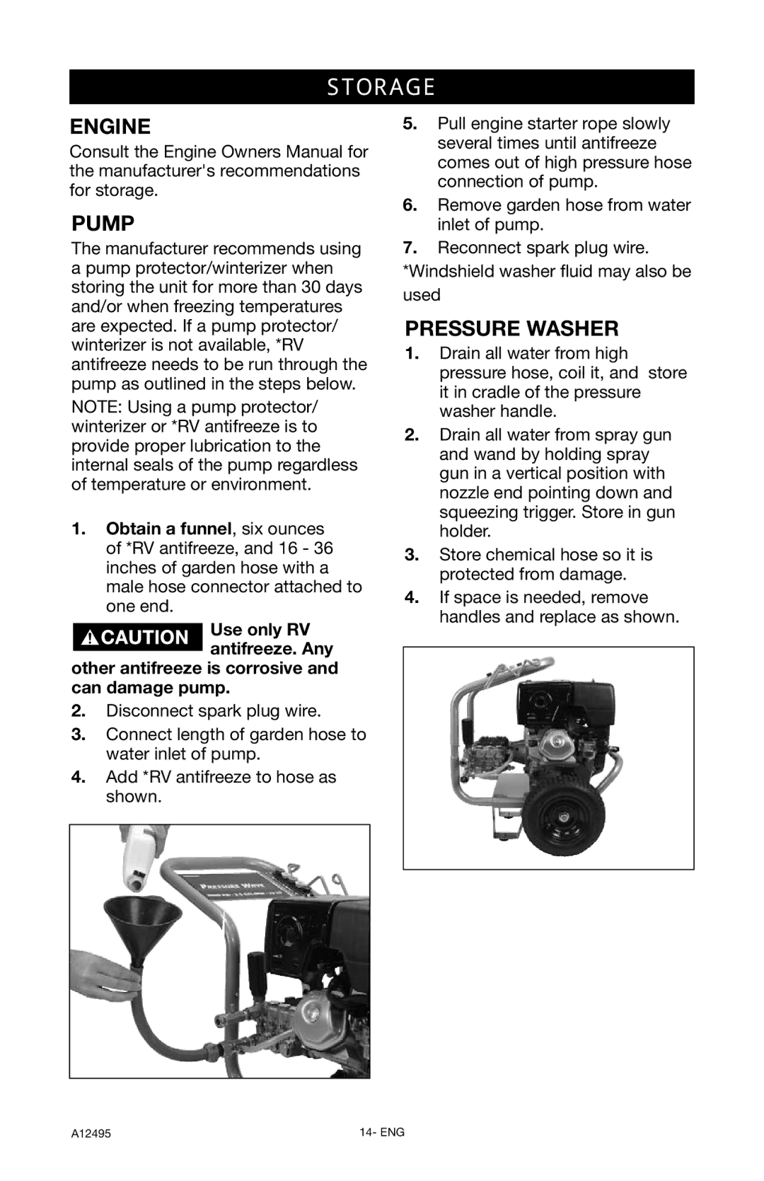 DeVillbiss Air Power Company PWH3635, A12495 operation manual Storage, Engine Pump, Pressure Washer 