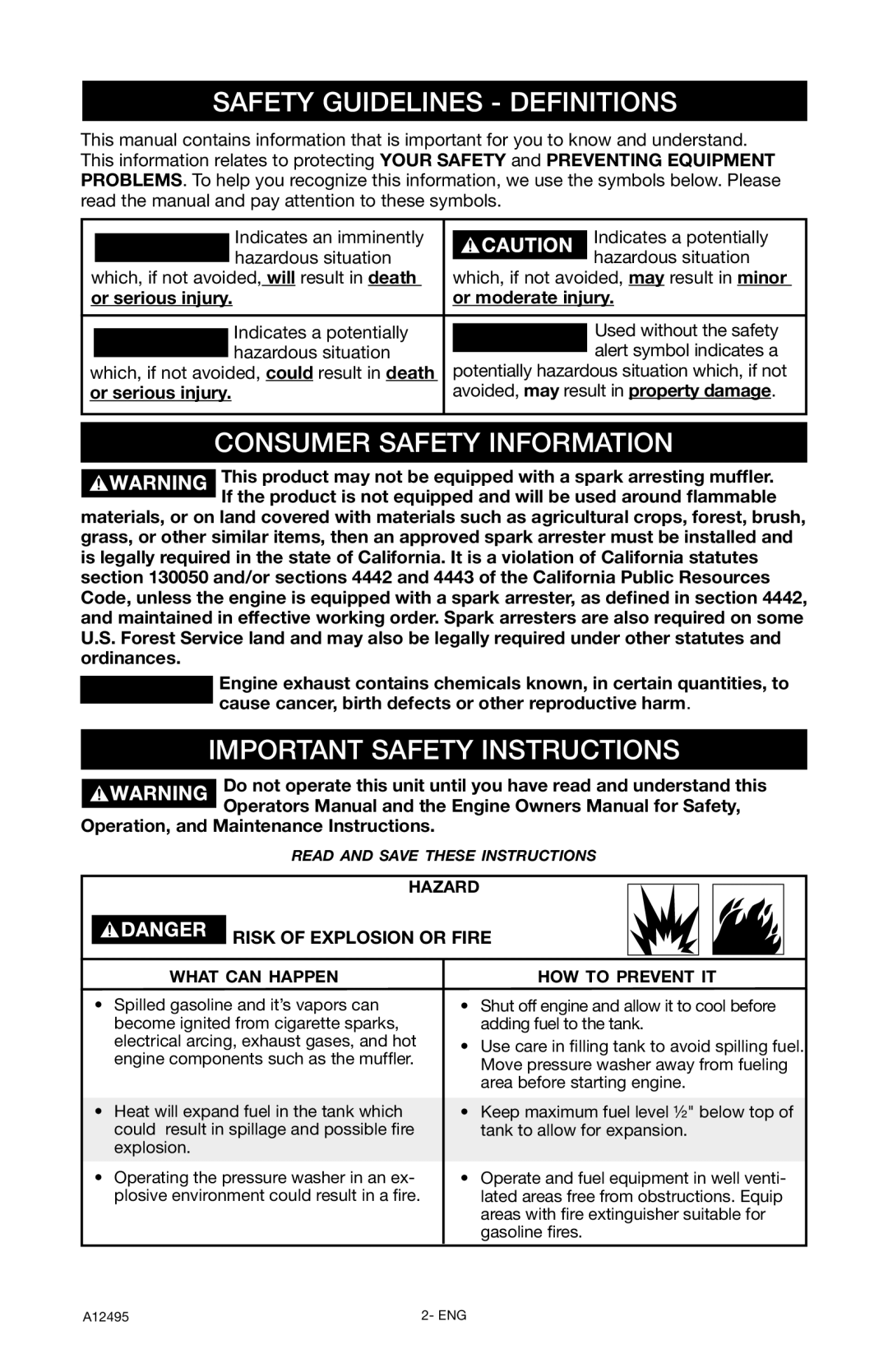 DeVillbiss Air Power Company PWH3635 Safety Guidelines Definitions, Consumer Safety Information, Risk of Explosion or Fire 