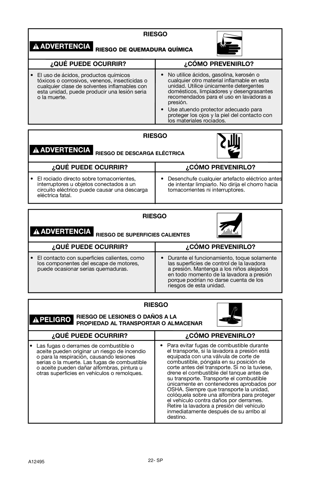 DeVillbiss Air Power Company PWH3635, A12495 operation manual Riesgo Riesgo DE Quemadura Química 