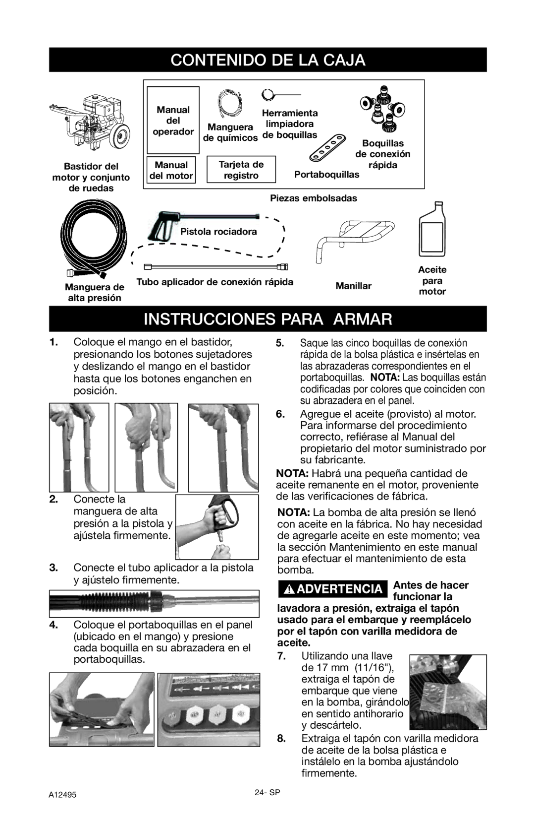 DeVillbiss Air Power Company PWH3635, A12495 operation manual Contenido DE LA Caja, Instrucciones Para Armar 