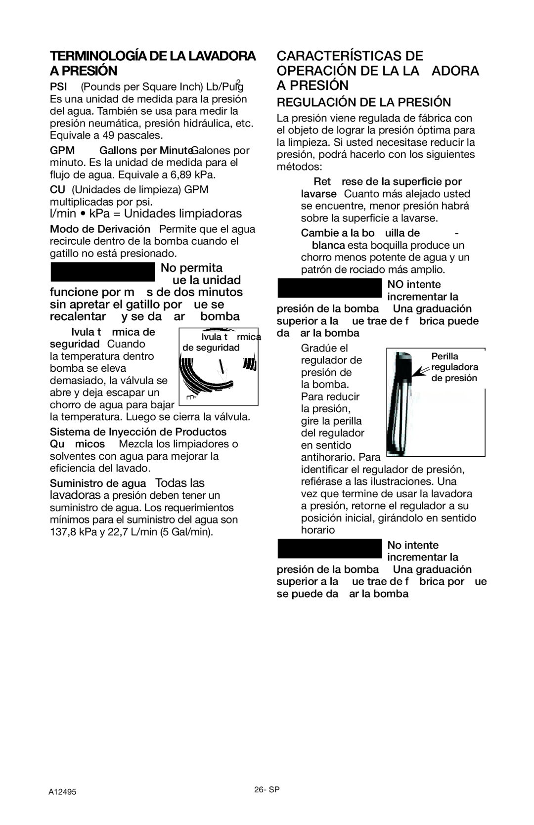 DeVillbiss Air Power Company PWH3635 Terminología DE LA Lavadora a Presión, Regulación DE LA Presión, Válvula térmica de 