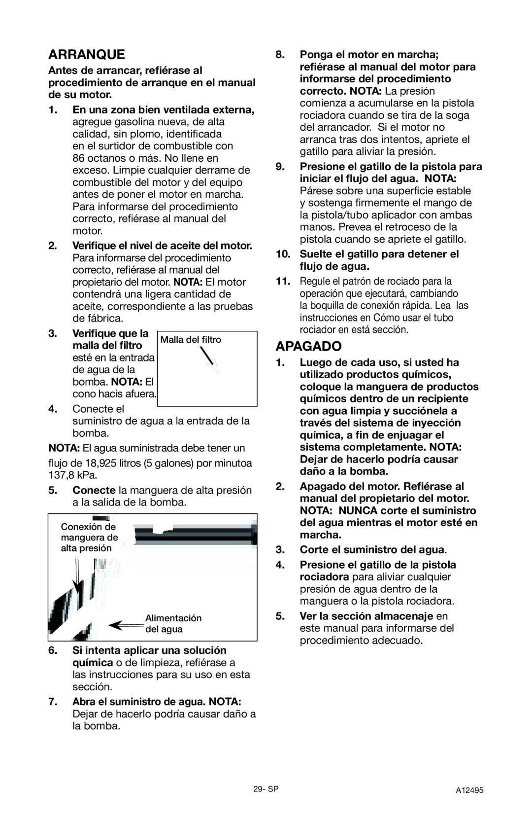 DeVillbiss Air Power Company A12495, PWH3635 operation manual Arranque, Apagado 