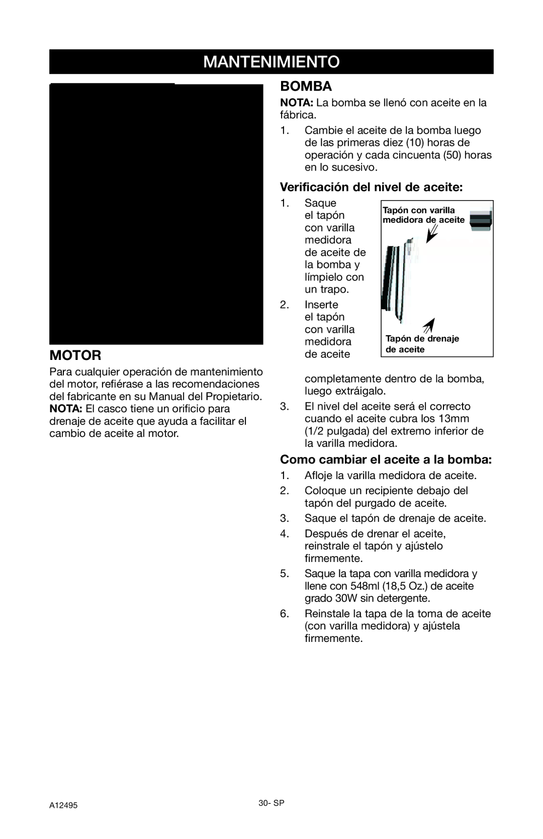 DeVillbiss Air Power Company PWH3635, A12495 operation manual Mantenimiento, Bomba, Motor, Verificación del nivel de aceite 