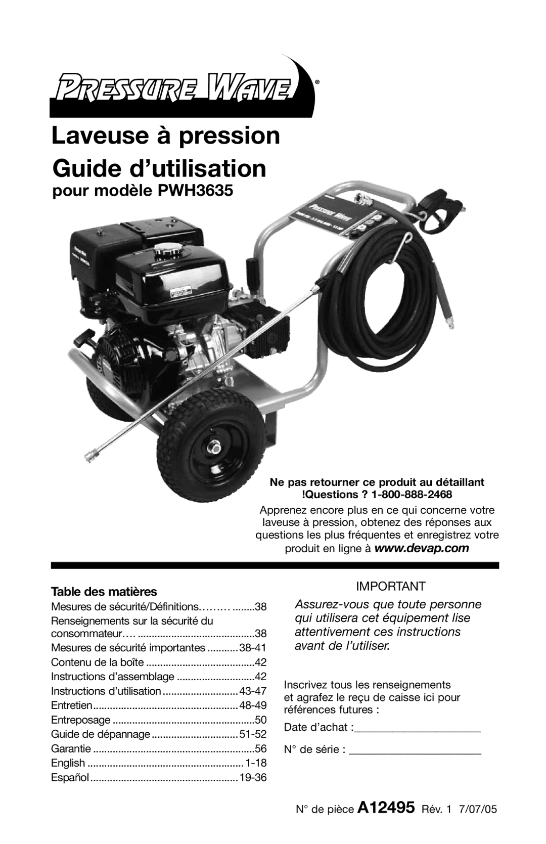 DeVillbiss Air Power Company A12495, PWH3635 Table des matières, Ne pas retourner ce produit au détaillant Questions ? 