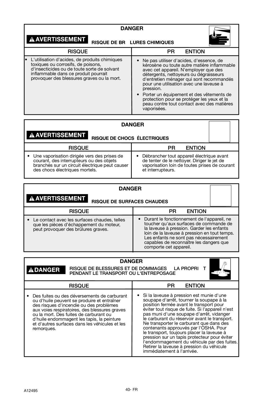 DeVillbiss Air Power Company PWH3635, A12495 operation manual Risque DE Chocs Électriques 