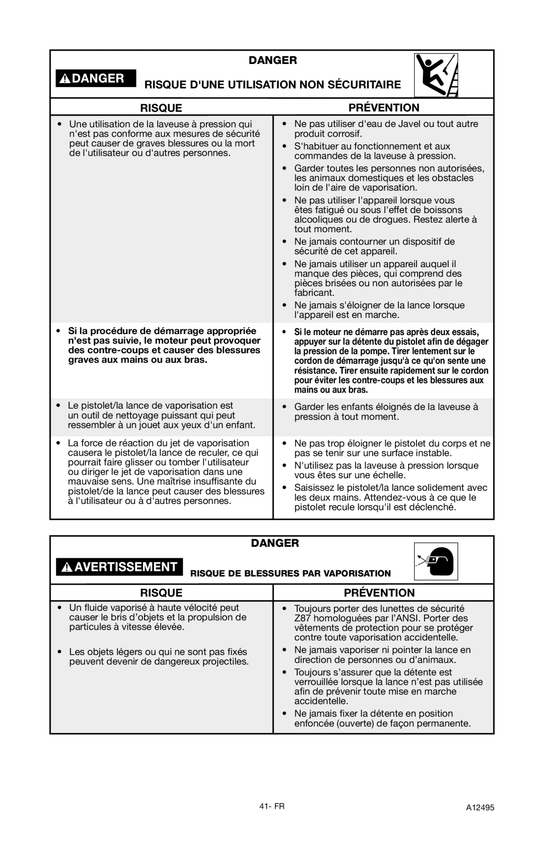 DeVillbiss Air Power Company A12495, PWH3635 operation manual Risque Dune Utilisation NON Sécuritaire Prévention 