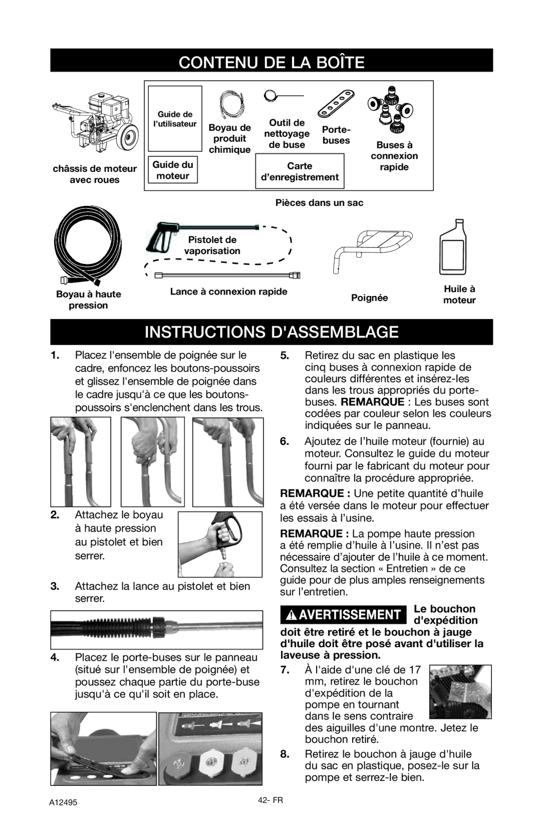 DeVillbiss Air Power Company PWH3635, A12495 operation manual Contenu DE LA Boîte, Instructions Dassemblage 