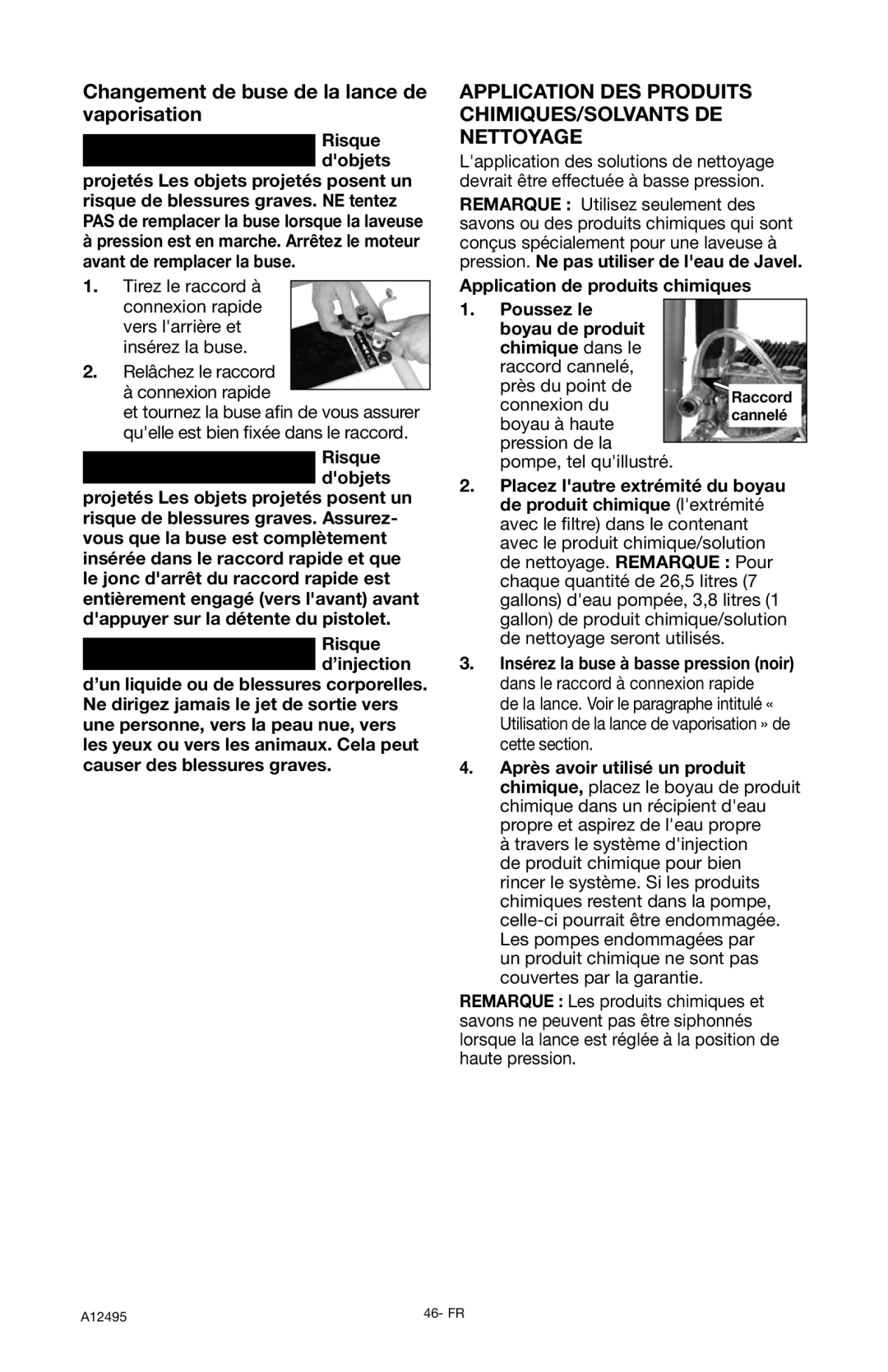 DeVillbiss Air Power Company PWH3635, A12495 operation manual Changement de buse de la lance de vaporisation, Risque dobjets 