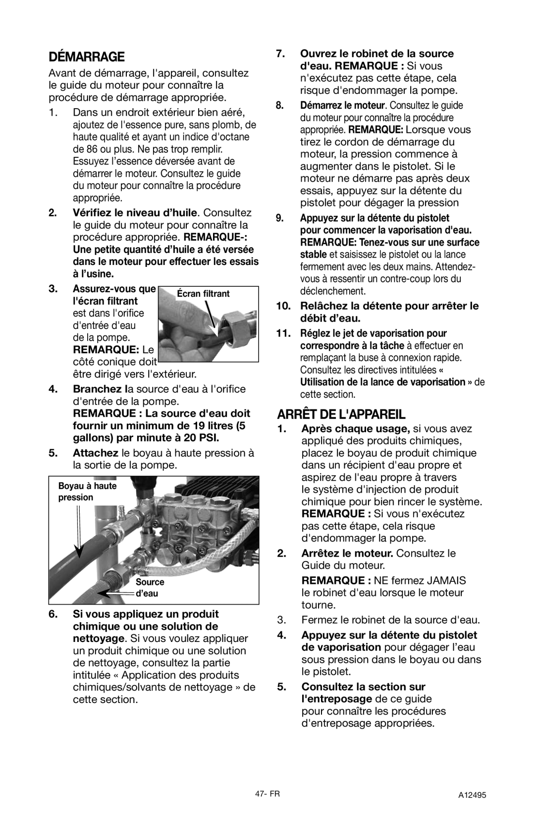 DeVillbiss Air Power Company A12495, PWH3635 operation manual Démarrage, Arrêt DE Lappareil, Lécran ﬁltrant 