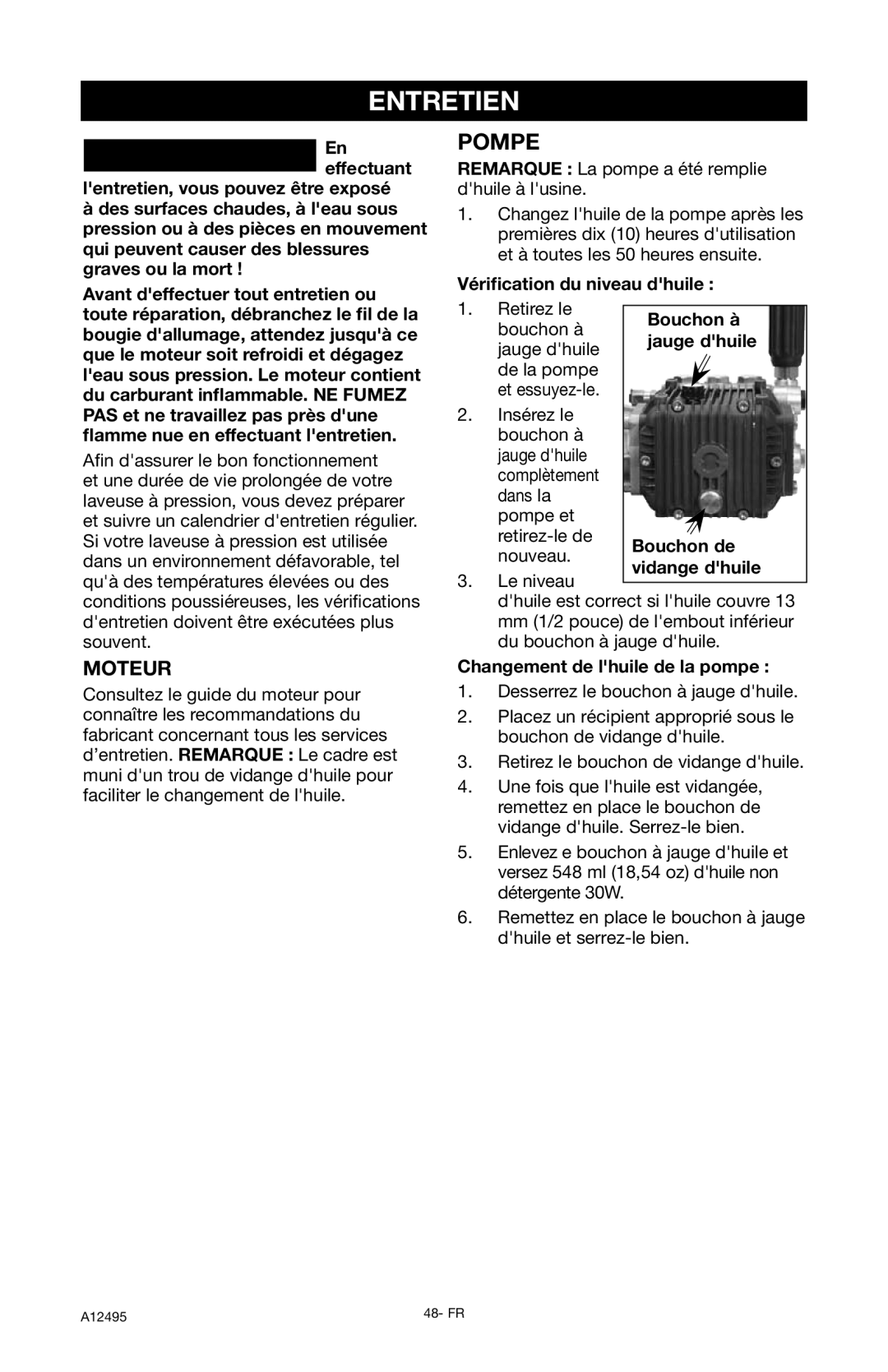 DeVillbiss Air Power Company PWH3635, A12495 operation manual Entretien, Pompe, Moteur 