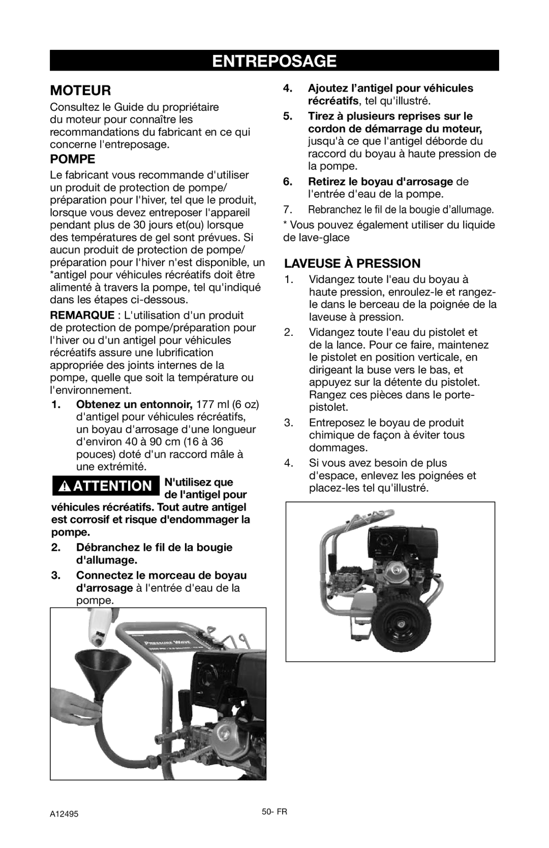 DeVillbiss Air Power Company PWH3635, A12495 operation manual Entreposage, Moteur, Pompe, Laveuse À Pression 