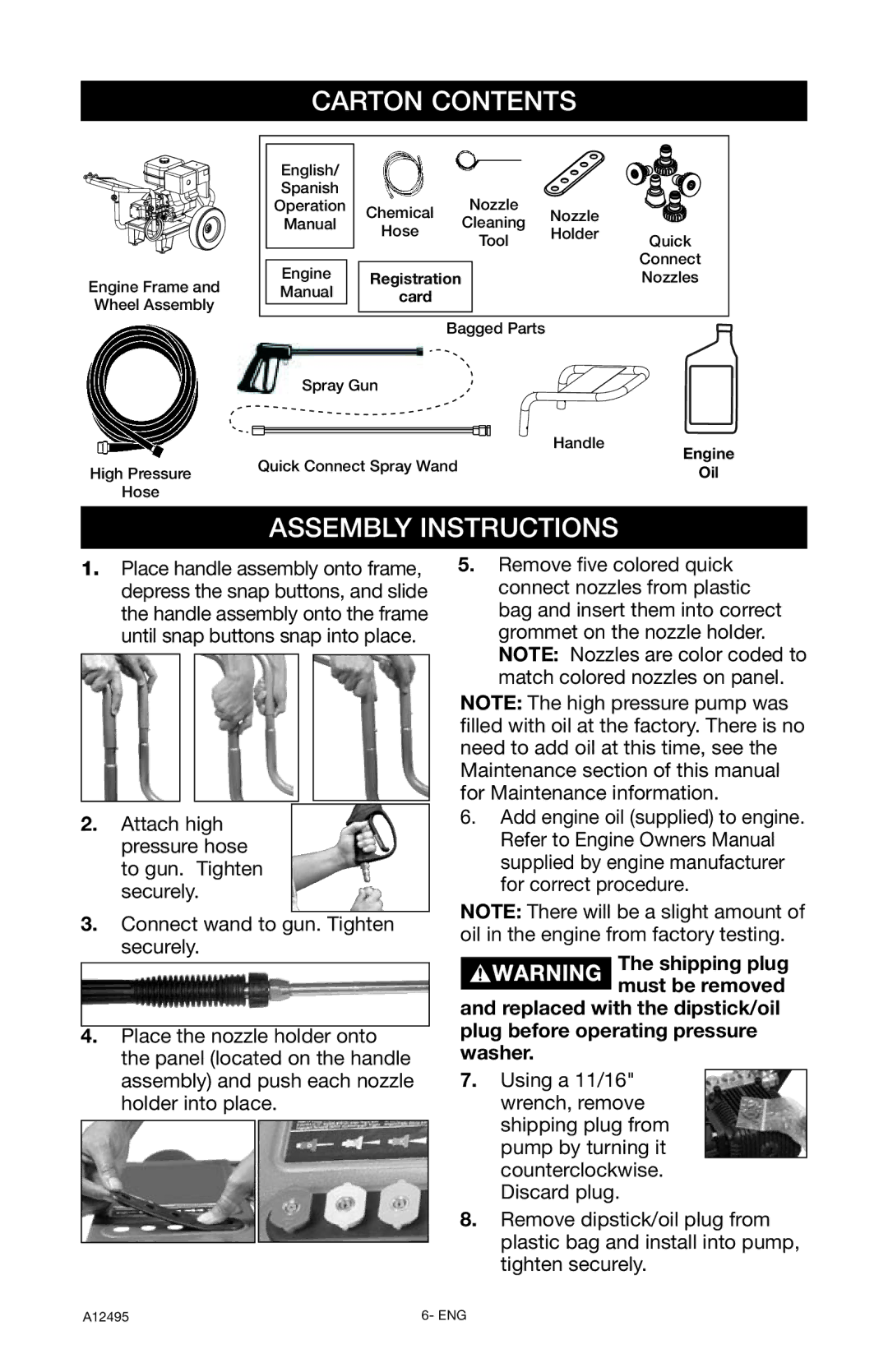 DeVillbiss Air Power Company PWH3635, A12495 operation manual Carton Contents, Assembly Instructions 