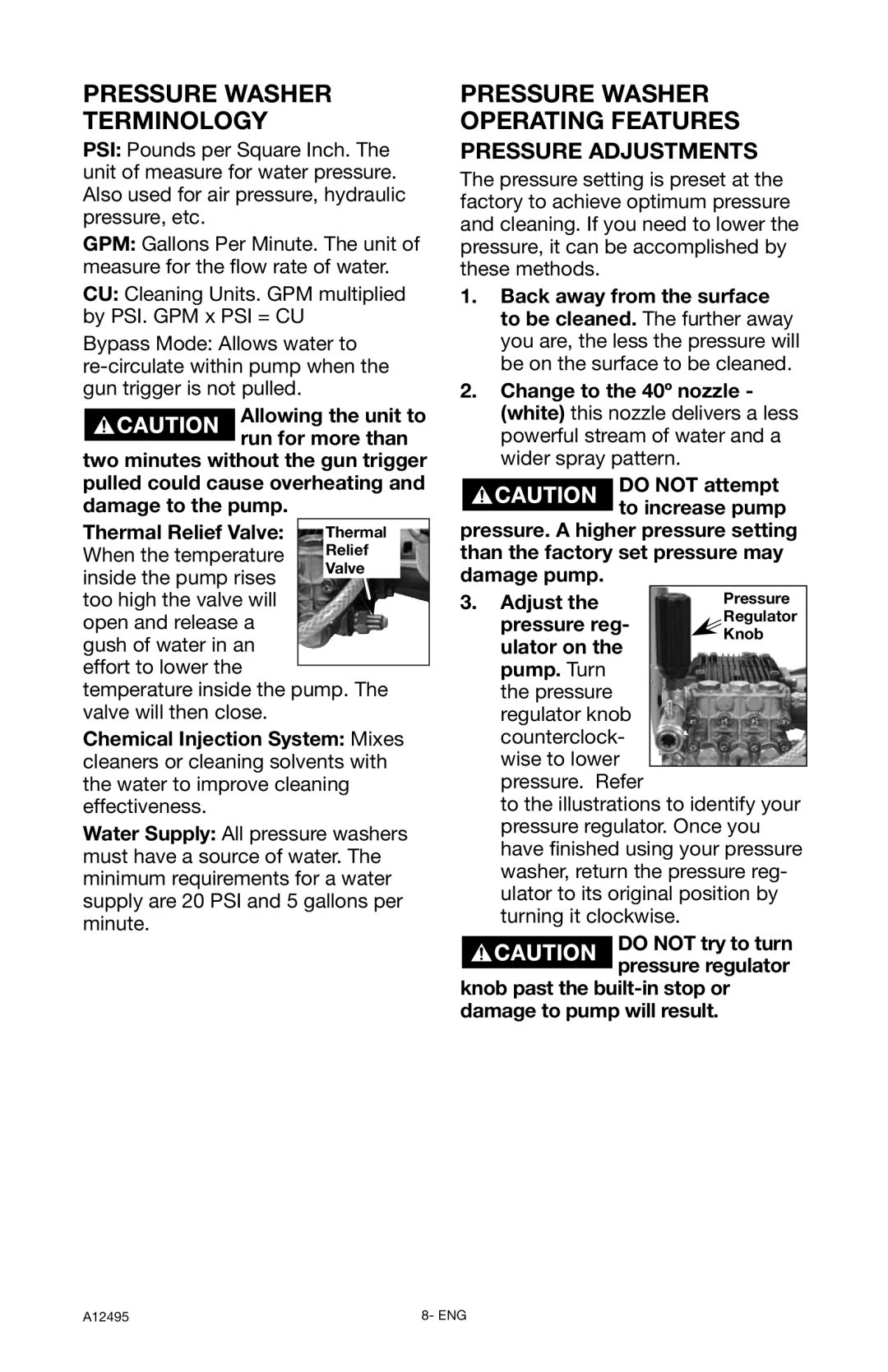 DeVillbiss Air Power Company PWH3635, A12495 operation manual Pressure Washer Terminology, Pressure Adjustments 