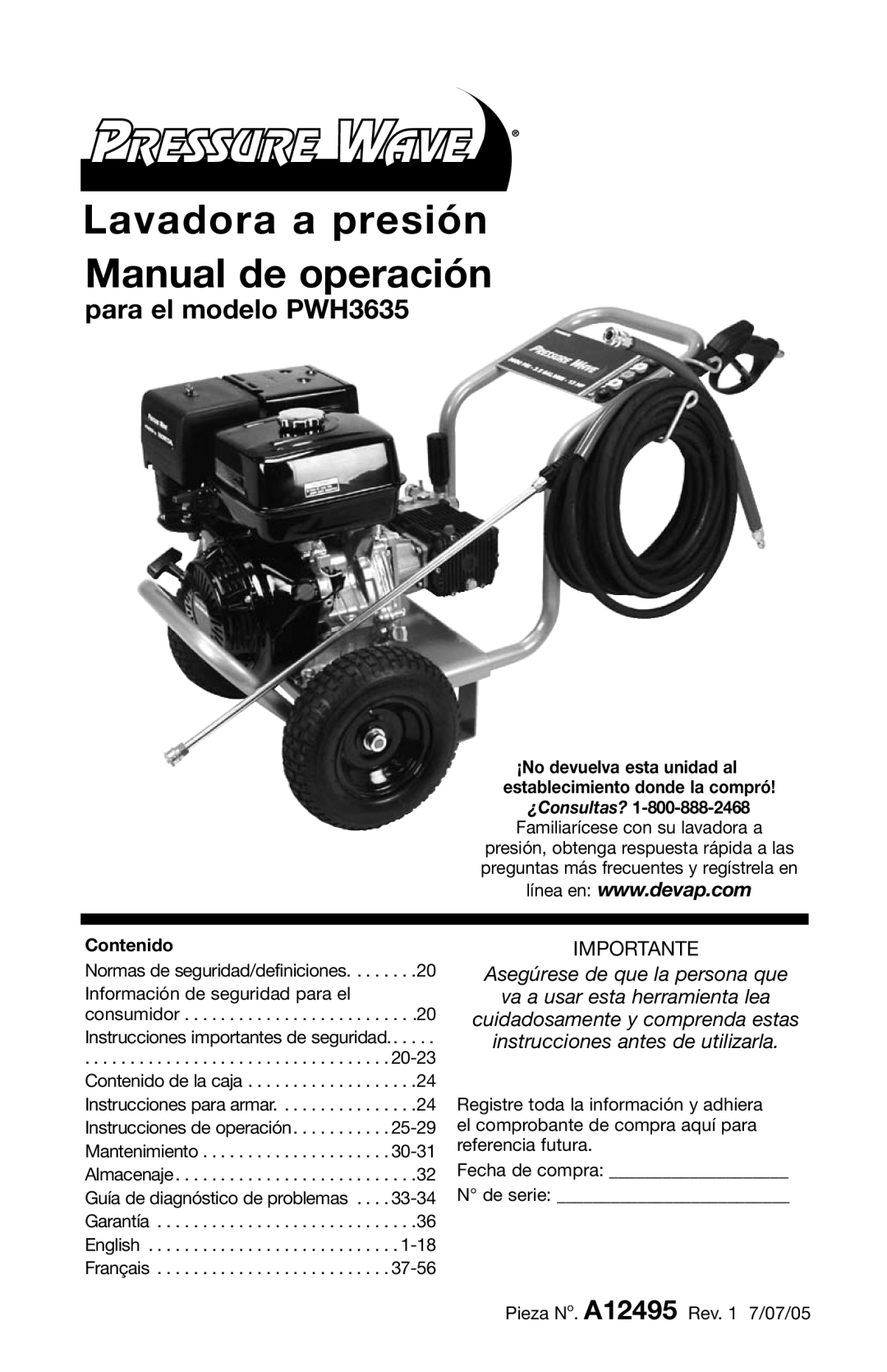DeVillbiss Air Power Company A12495 operation manual Lavadora a presión Manual de operación, para el modelo PWH3635 