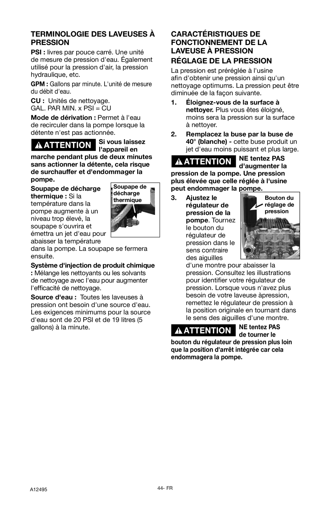 DeVillbiss Air Power Company PWH3635, A12495 operation manual Terminologie Des Laveuses À Pression, Réglage De La Pression 