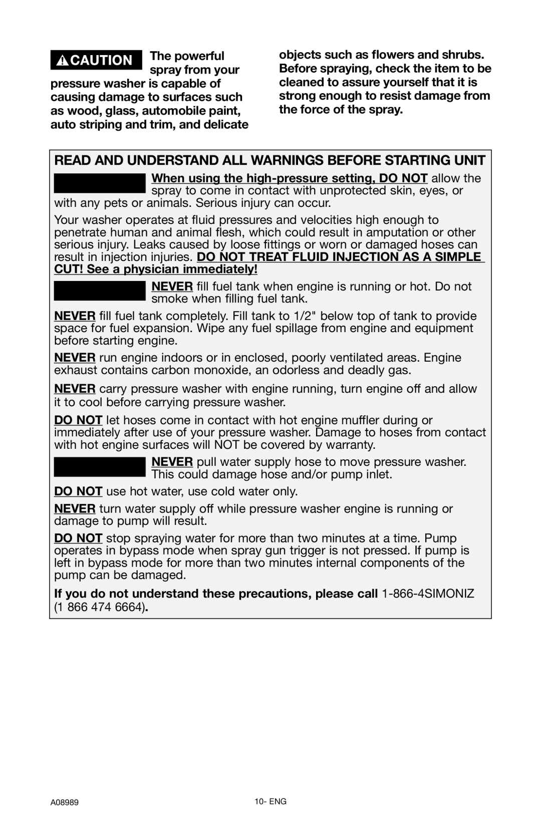 DeVillbiss Air Power Company S2600 Read and Understand ALL Warnings Before Starting Unit, CUT! See a physician immediately 